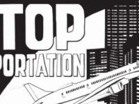 Stop Deportation. Ein Flugzeug startet. Im Hintergrund sind drei Hochhäuser.